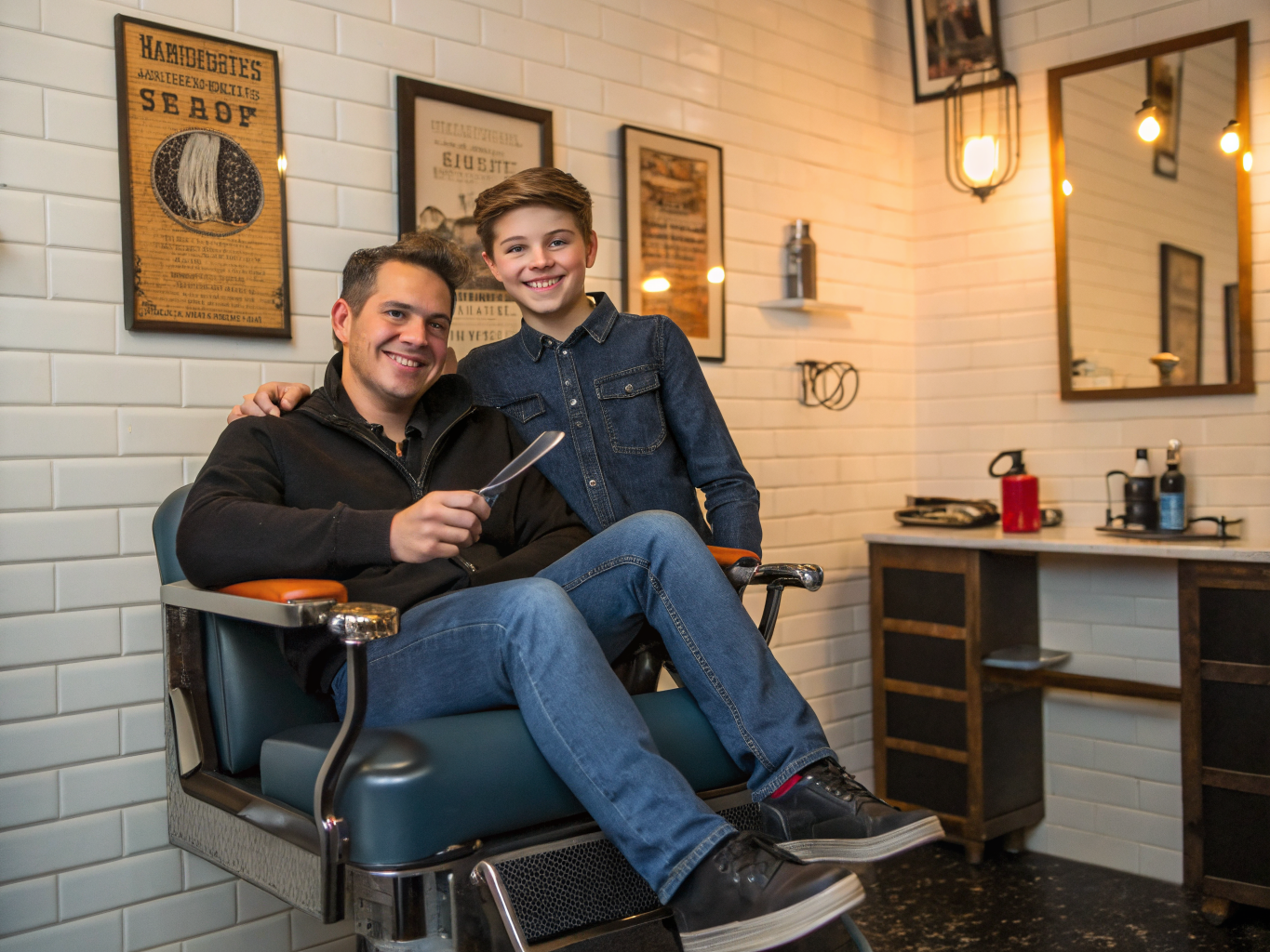 Vader en zoon samen in de kappersstoel