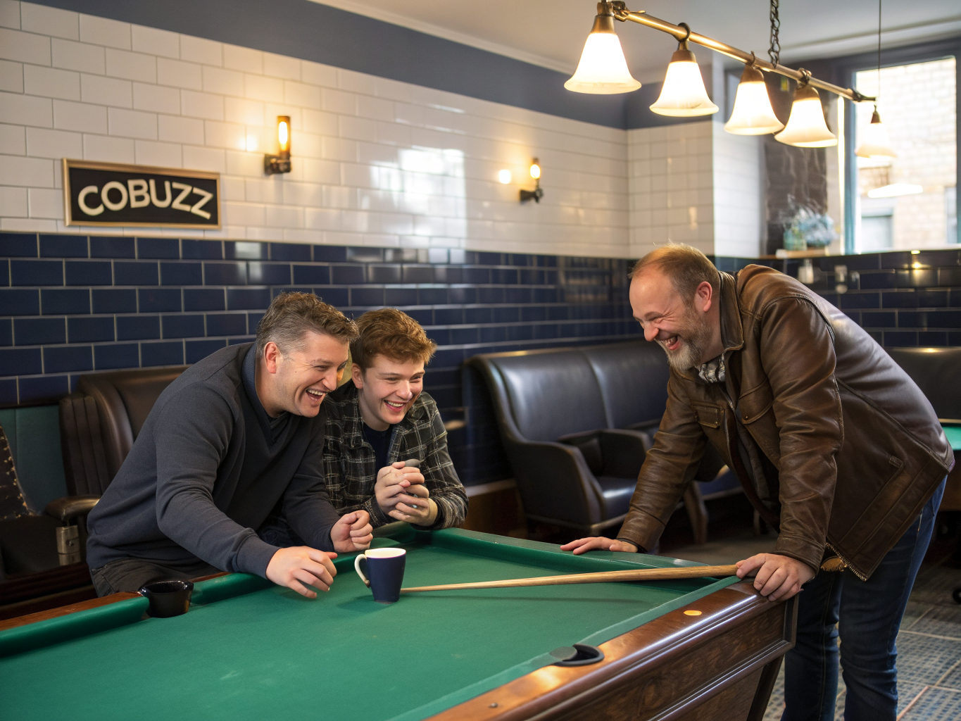 Klanten spelen een potje pool in de salon